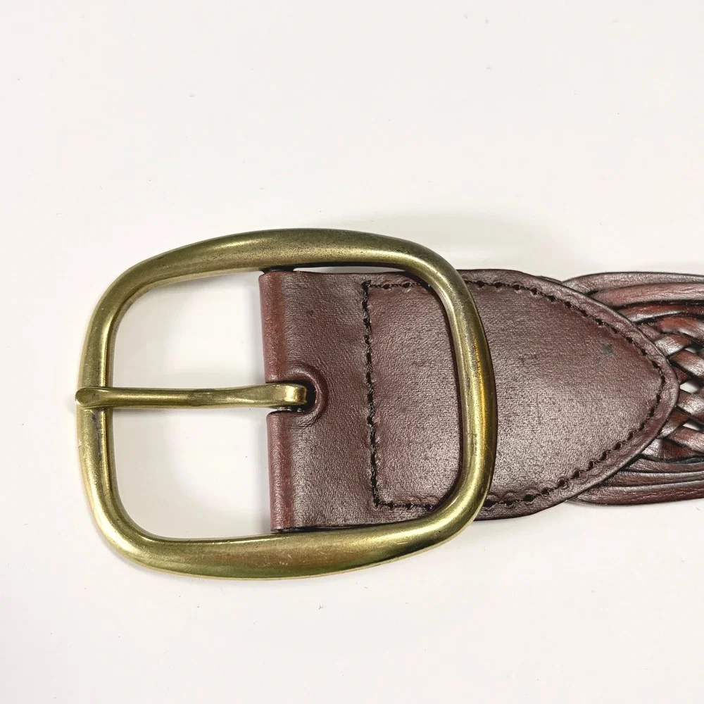 Womens Brown Braided Woven Leather Belt Large Brass Buckle Boho Western Classic